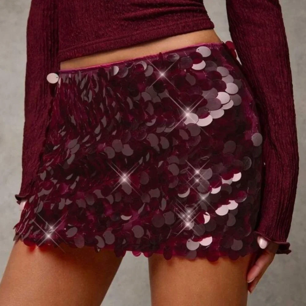 Y2K Festival Clubwear Burgundy Disc Sequin Mini‎ Skirt Party Night Out Disco